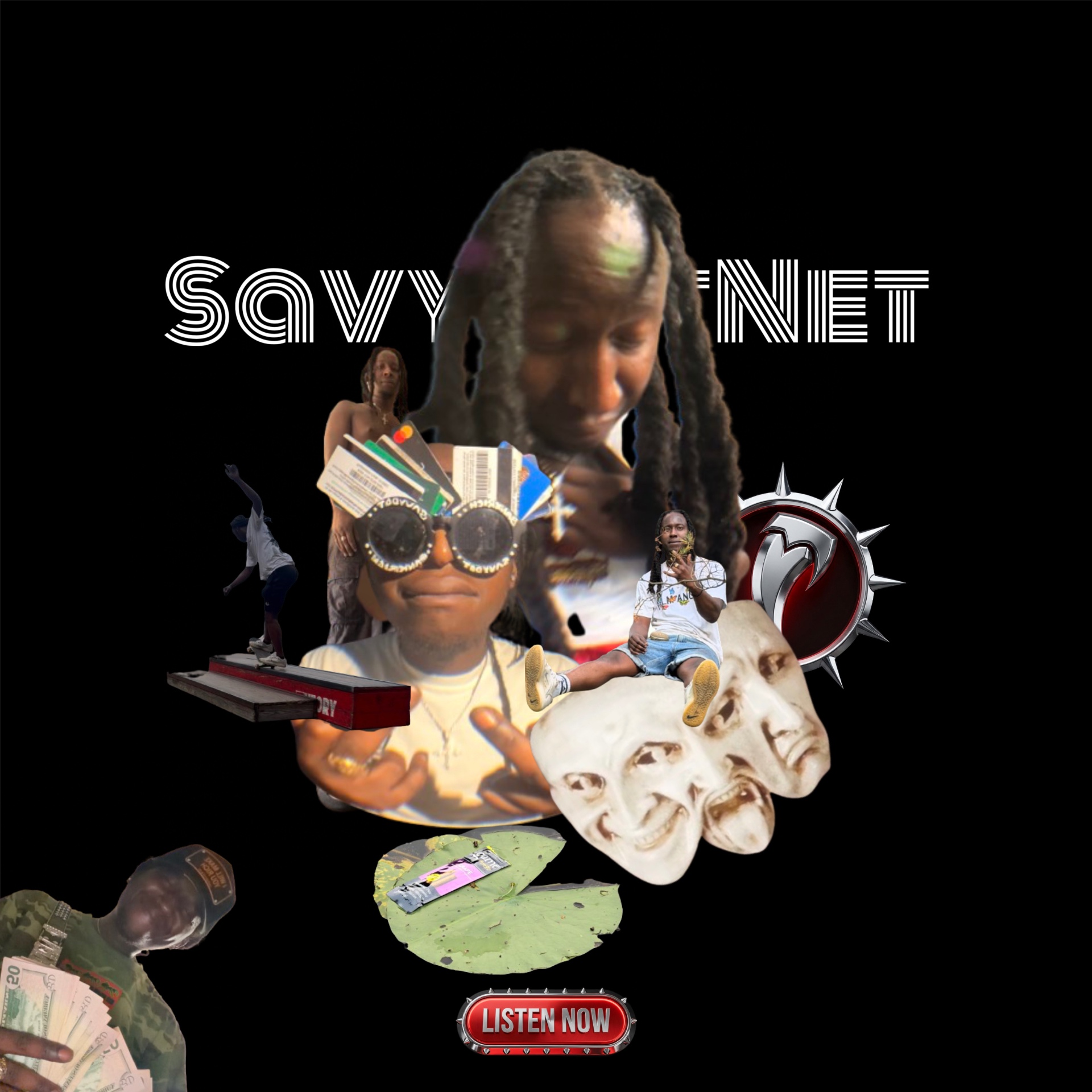 $avydotNet collage artwork: skateboard, credit-card shades, theatre masks